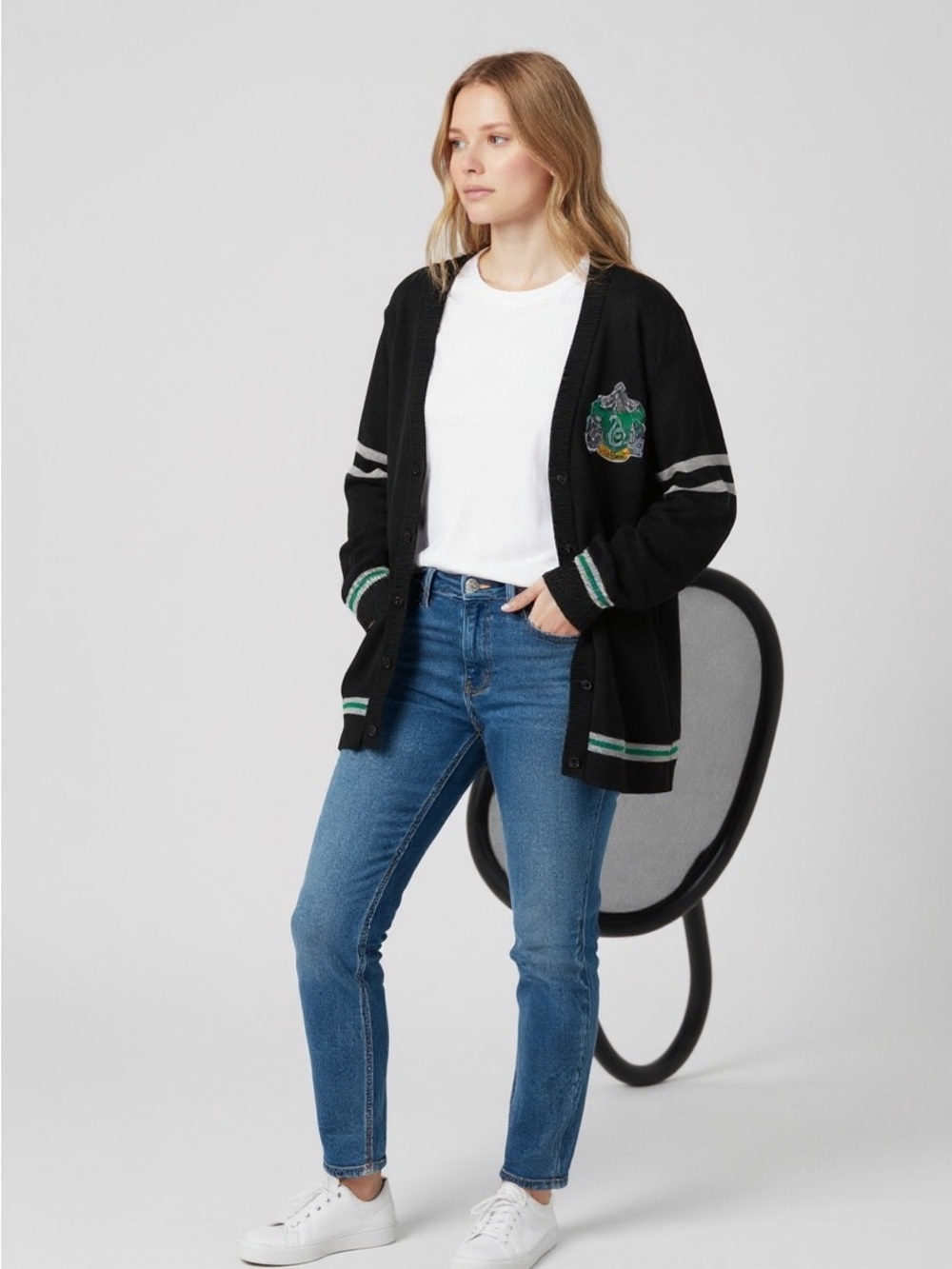 Black Button-Front Cardigan with Green Crest Detail - Women's - Picture 4 of 7